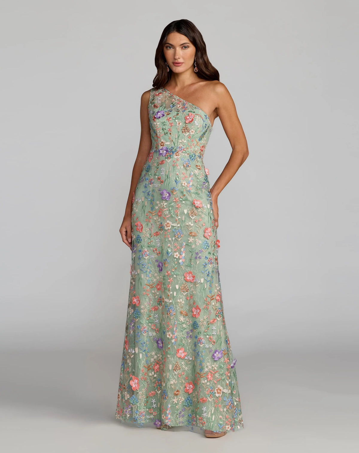 Mac Duggal Green One Shoulder Floral Embroidered Gown