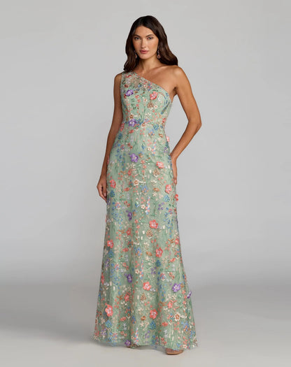 Mac Duggal Green One Shoulder Floral Embroidered Gown