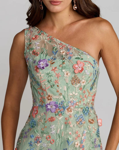 Mac Duggal Green One Shoulder Floral Embroidered Gown