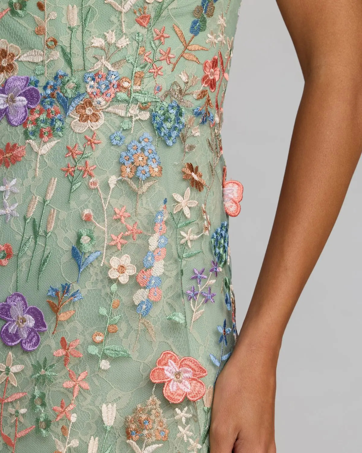 Mac Duggal Green One Shoulder Floral Embroidered Gown