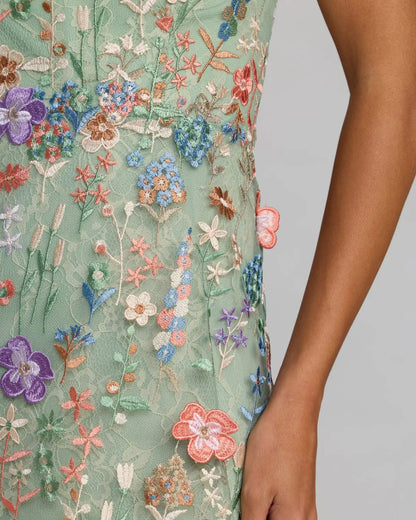 Mac Duggal Green One Shoulder Floral Embroidered Gown