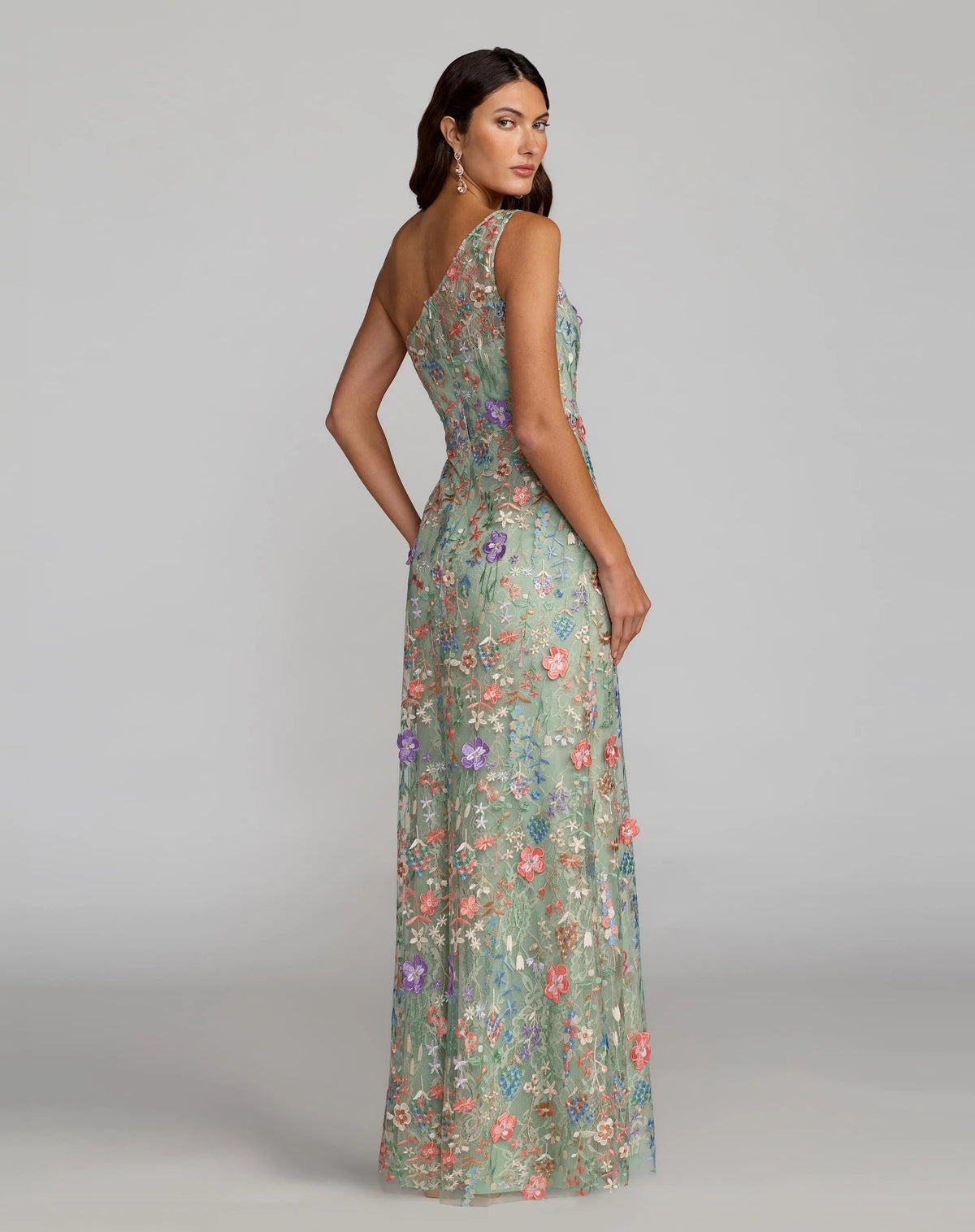 Mac Duggal Green One Shoulder Floral Embroidered Gown