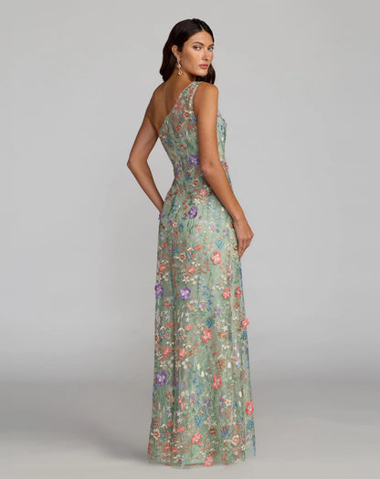Mac Duggal Green One Shoulder Floral Embroidered Gown
