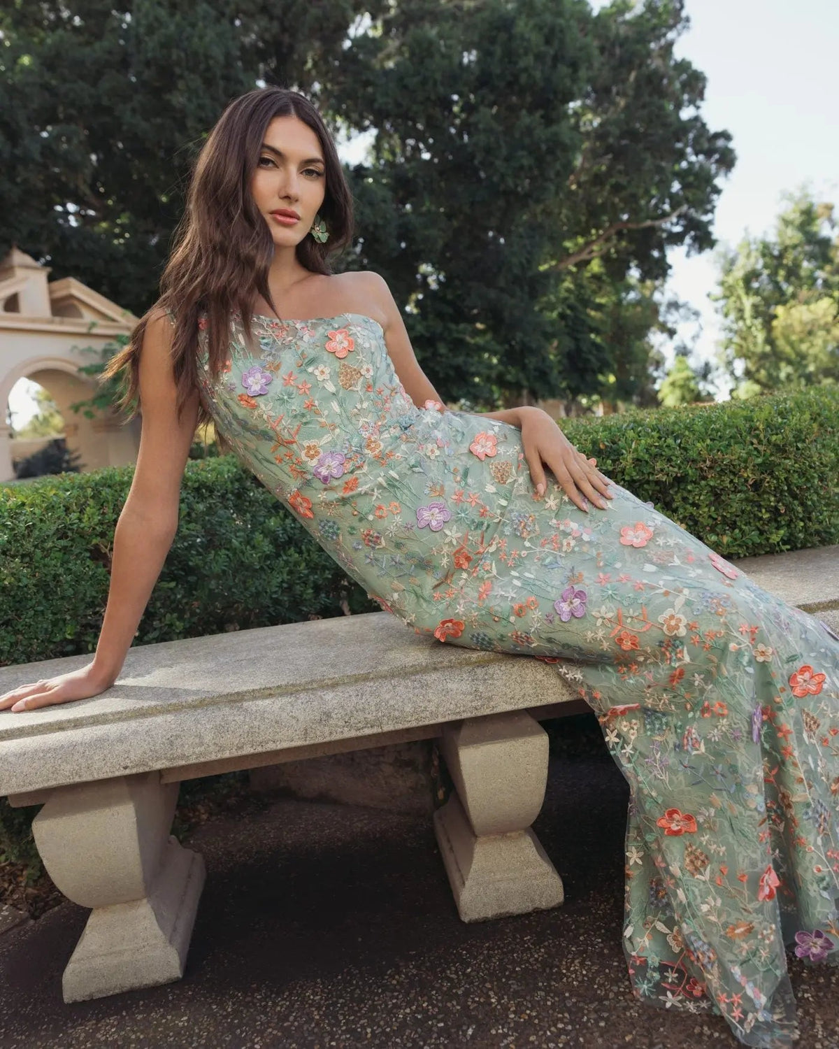 Mac Duggal Green One Shoulder Floral Embroidered Gown