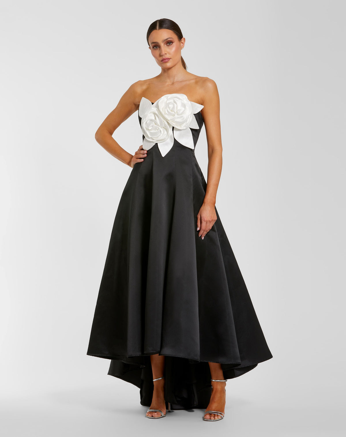 Mac Duggal Black Strapless Satin High Low Gown With 3D Flowers