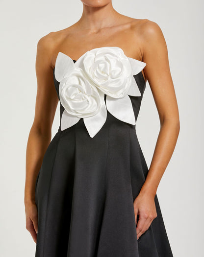 Mac Duggal Black Strapless Satin High Low Gown With 3D Flowers