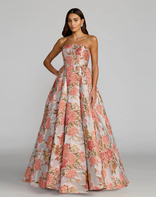 Mac Duggal Pink Strapless Floral Brocade Ball Gown With Pockets