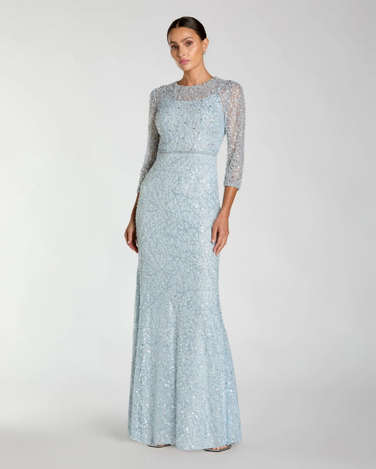 Mac Duggal Blue Beaded 3/4 Sleeve Trumpet Gown