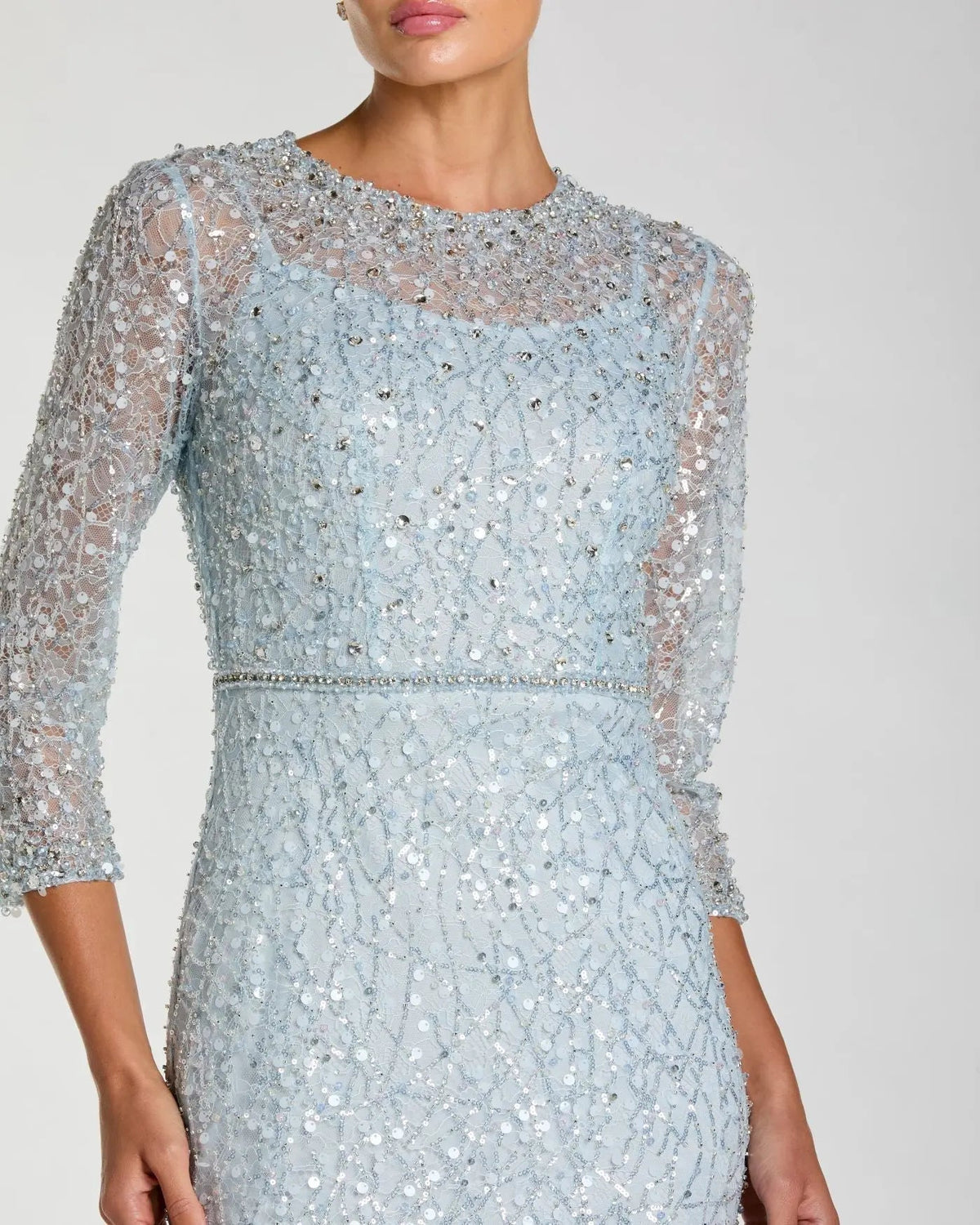 Mac Duggal Blue Beaded 3/4 Sleeve Trumpet Gown