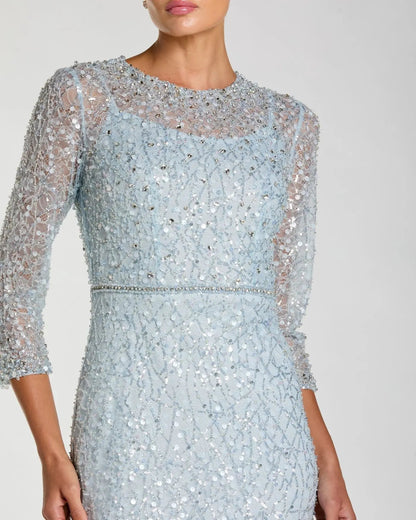 Mac Duggal Blue Beaded 3/4 Sleeve Trumpet Gown