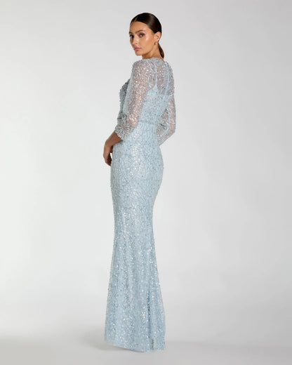 Mac Duggal Blue Beaded 3/4 Sleeve Trumpet Gown