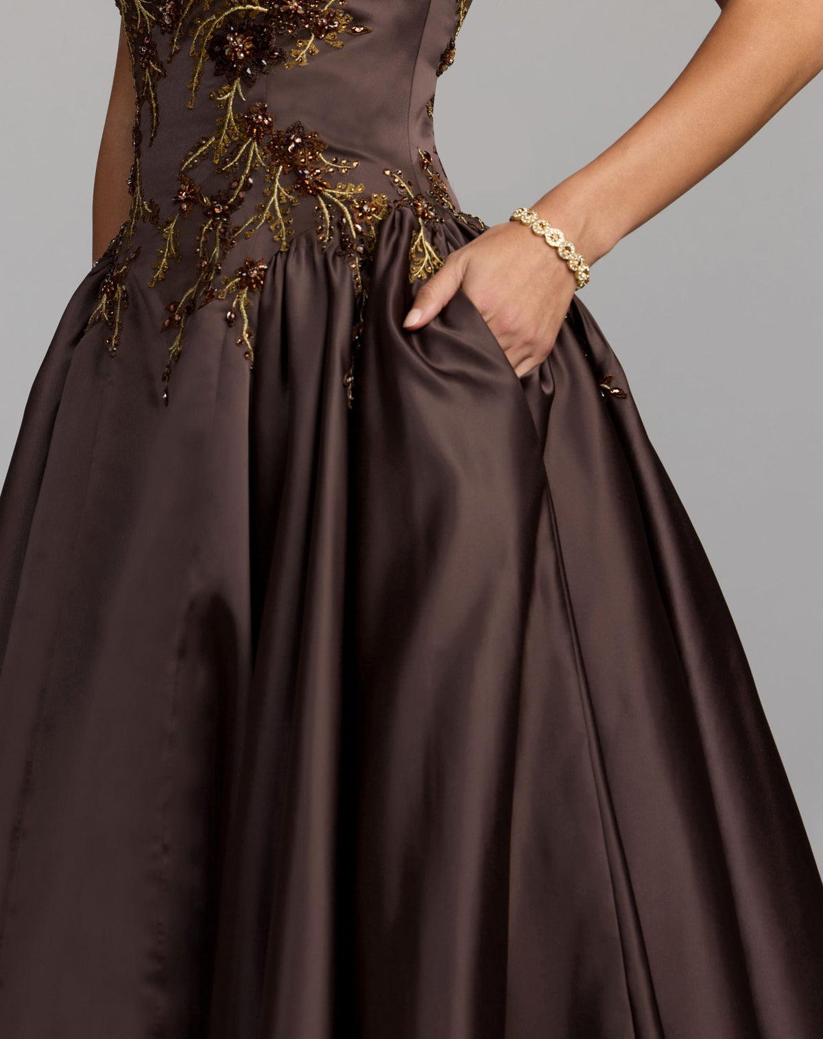 Mac Duggal Brown Halter Neck Floral Embroidered Satin A-Line Gown