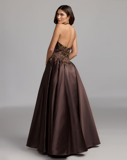 Mac Duggal Brown Halter Neck Floral Embroidered Satin A-Line Gown