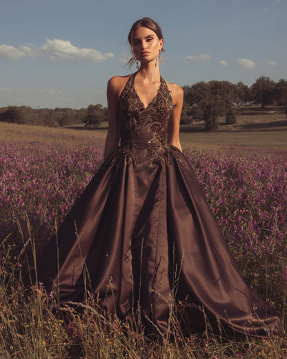 Mac Duggal Brown Halter Neck Floral Embroidered Satin A-Line Gown