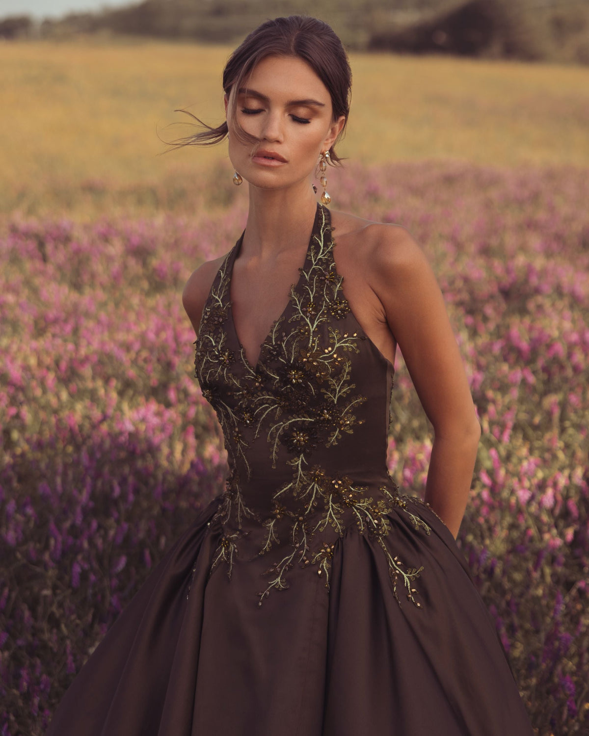 Mac Duggal Brown Halter Neck Floral Embroidered Satin A-Line Gown