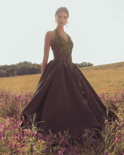Mac Duggal Brown Halter Neck Floral Embroidered Satin A-Line Gown