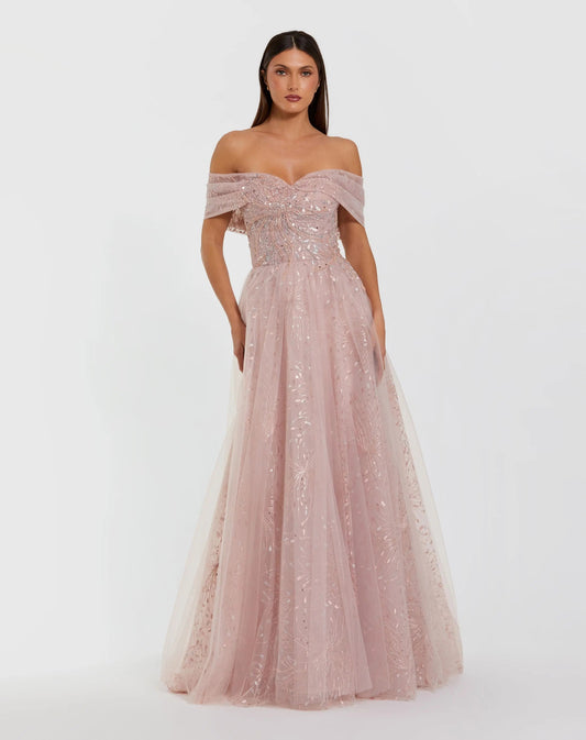 Mac Duggal Pink Embroidered Tulle Off The Shoulder Ball Gown