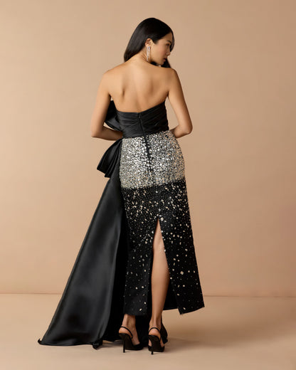 Mac Duggal Black Strapless Crystal Embellished Satin Dress With Bow