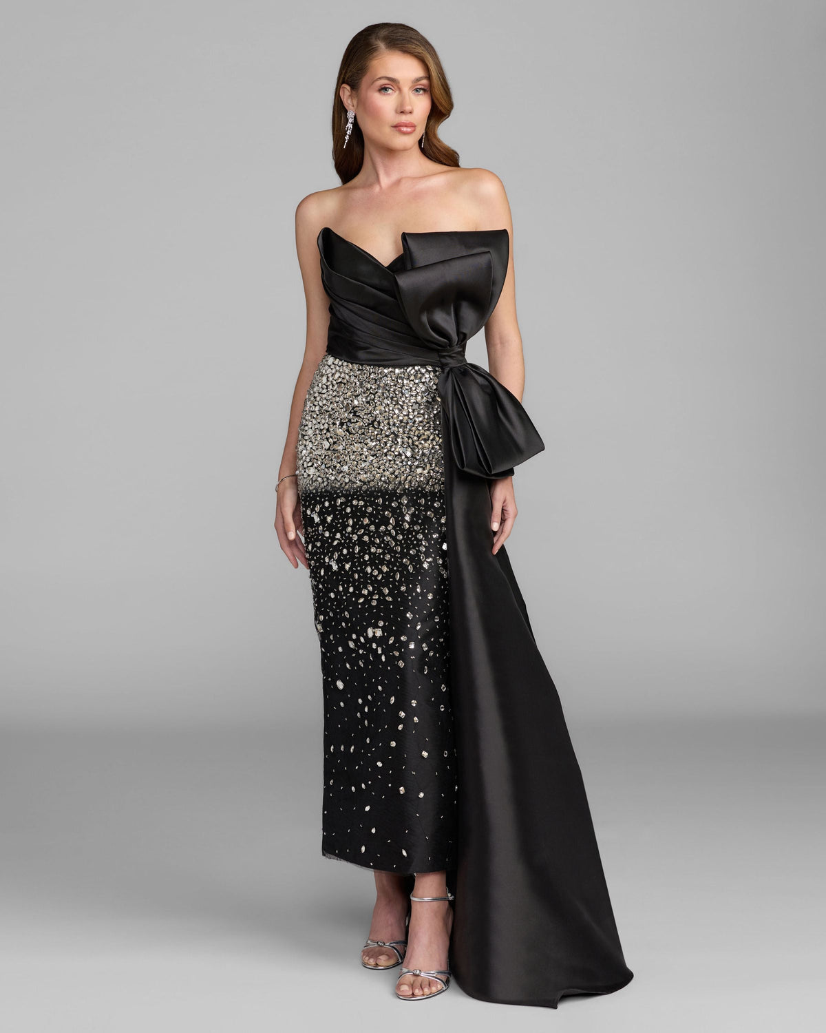 Mac Duggal Black Strapless Crystal Embellished Satin Dress With Bow