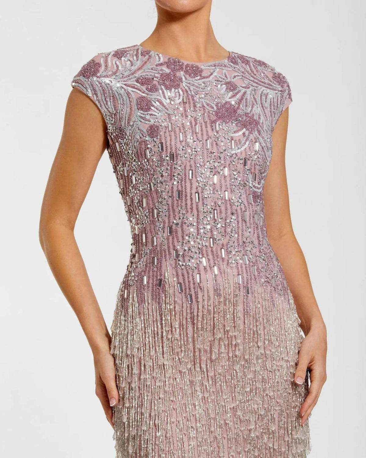Mac Duggal Purple Embellished Cap Sleeve Gown With Fringe Beading