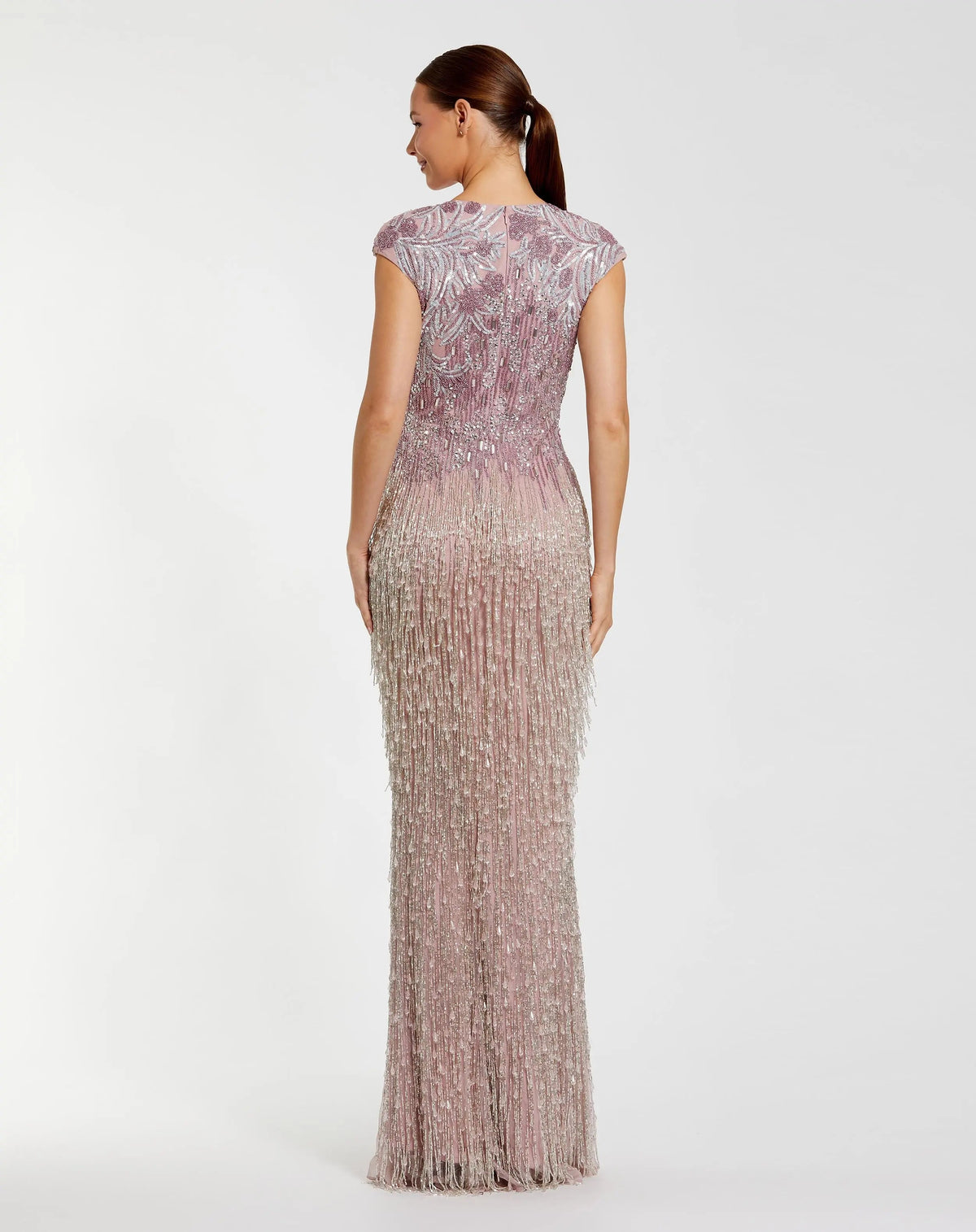 Mac Duggal Purple Embellished Cap Sleeve Gown With Fringe Beading