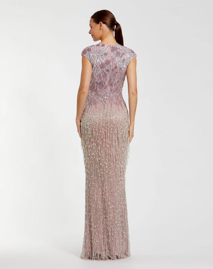 Mac Duggal Purple Embellished Cap Sleeve Gown With Fringe Beading