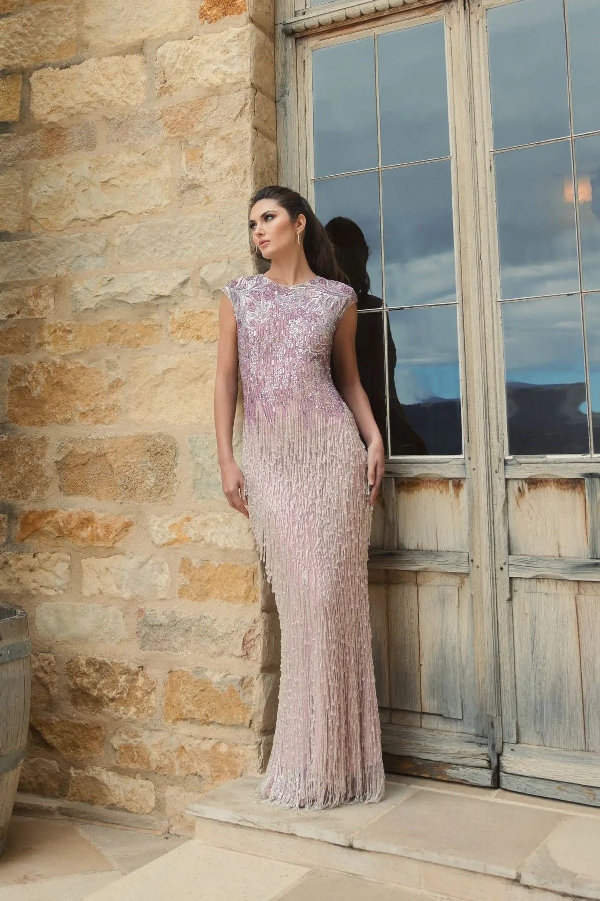 Mac Duggal Purple Embellished Cap Sleeve Gown With Fringe Beading