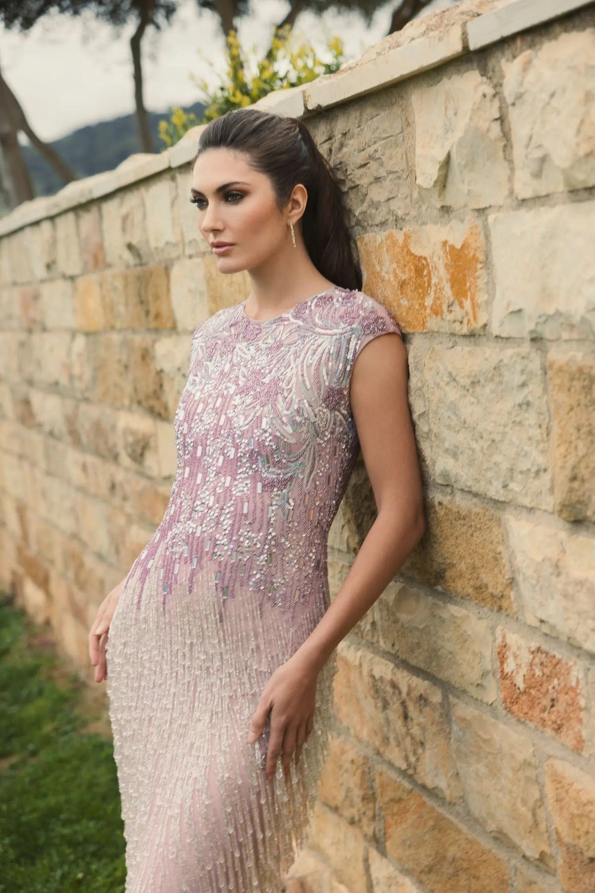 Mac Duggal Purple Embellished Cap Sleeve Gown With Fringe Beading