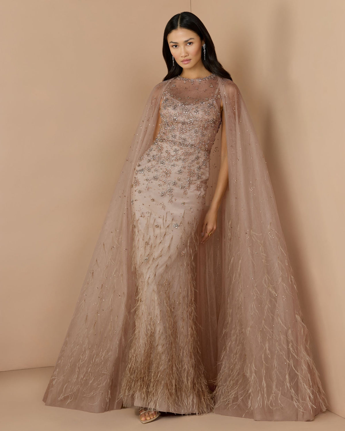 Mac Duggal Beige Crystal Embellished Cape Gown with Feathers