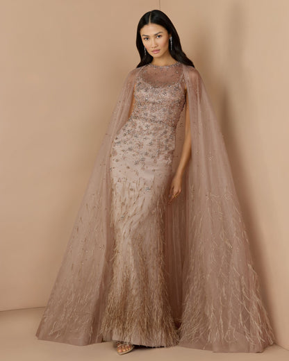 Mac Duggal Beige Crystal Embellished Cape Gown with Feathers