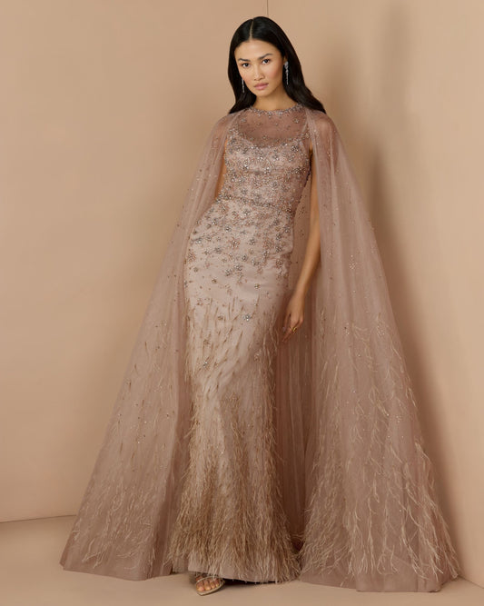 Mac Duggal Beige Crystal Embellished Cape Gown with Feathers