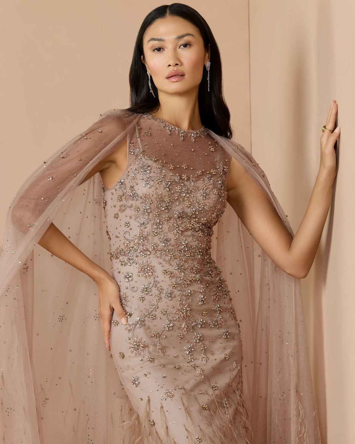 Mac Duggal Beige Crystal Embellished Cape Gown with Feathers