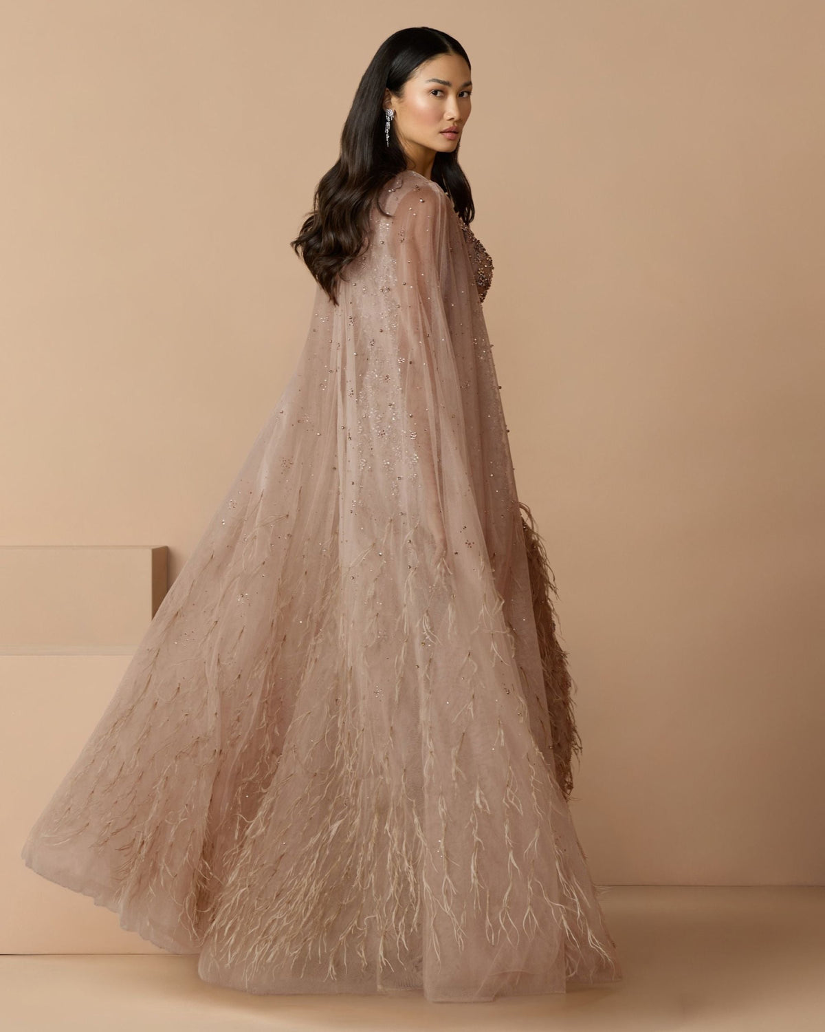 Mac Duggal Beige Crystal Embellished Cape Gown with Feathers