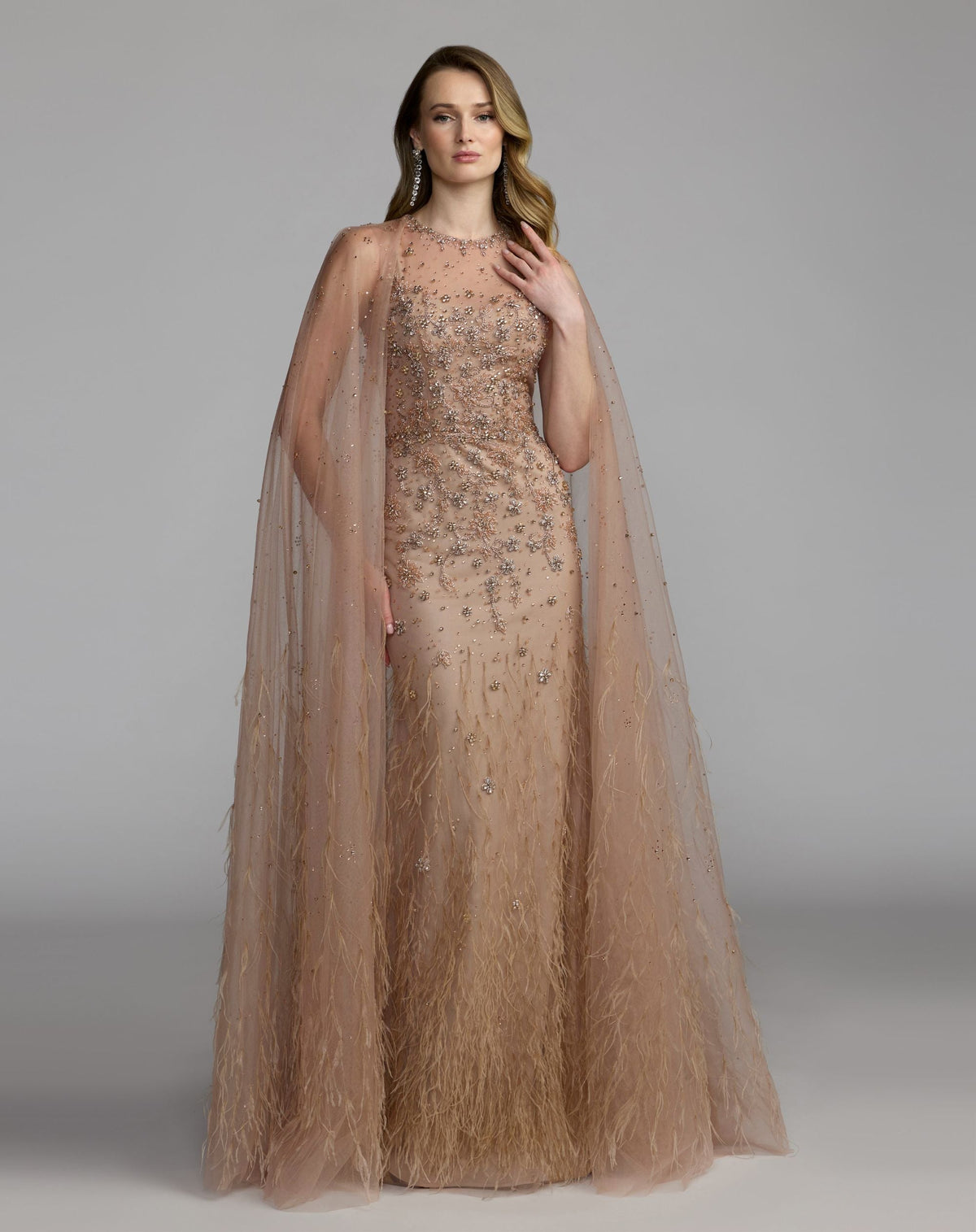 Mac Duggal Beige Crystal Embellished Cape Gown with Feathers
