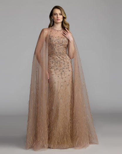 Mac Duggal Beige Crystal Embellished Cape Gown with Feathers