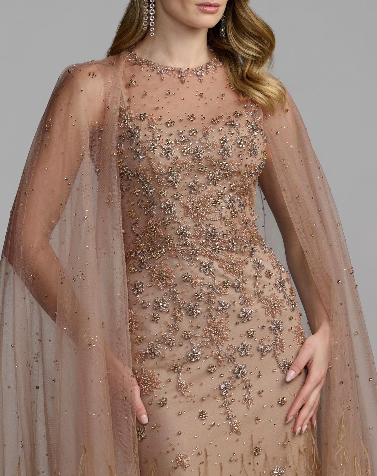 Mac Duggal Beige Crystal Embellished Cape Gown with Feathers