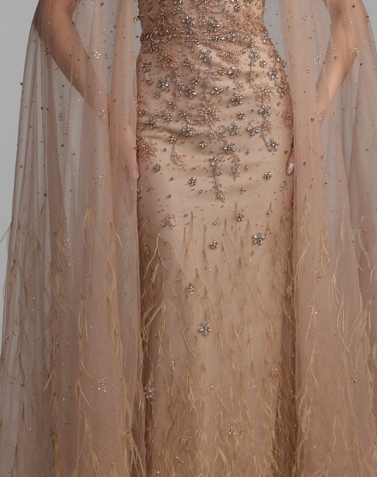 Mac Duggal Beige Crystal Embellished Cape Gown with Feathers
