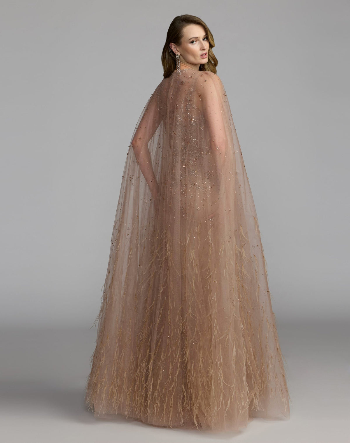 Mac Duggal Beige Crystal Embellished Cape Gown with Feathers