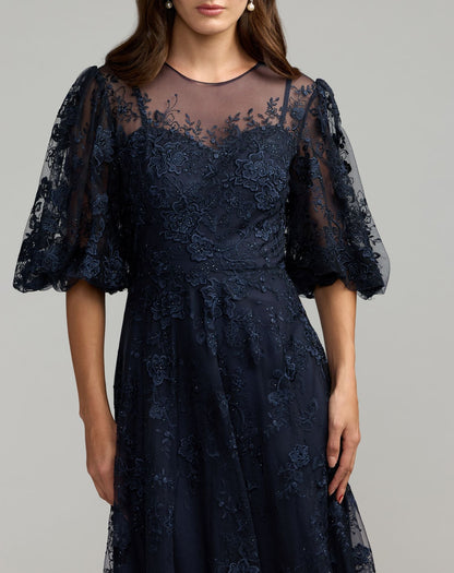 Mac Duggal Navy Embroidered Illusion Neck Puff Sleeve A-Line Gown