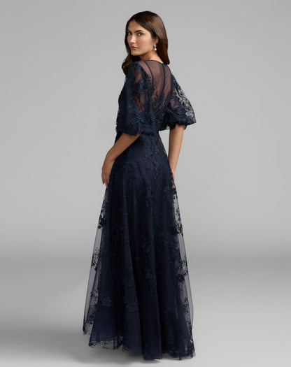 Mac Duggal Navy Embroidered Illusion Neck Puff Sleeve A-Line Gown