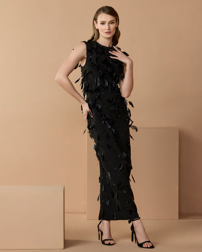 Mac Duggal Black High Neck Sleeveless Feather Embellished Dress
