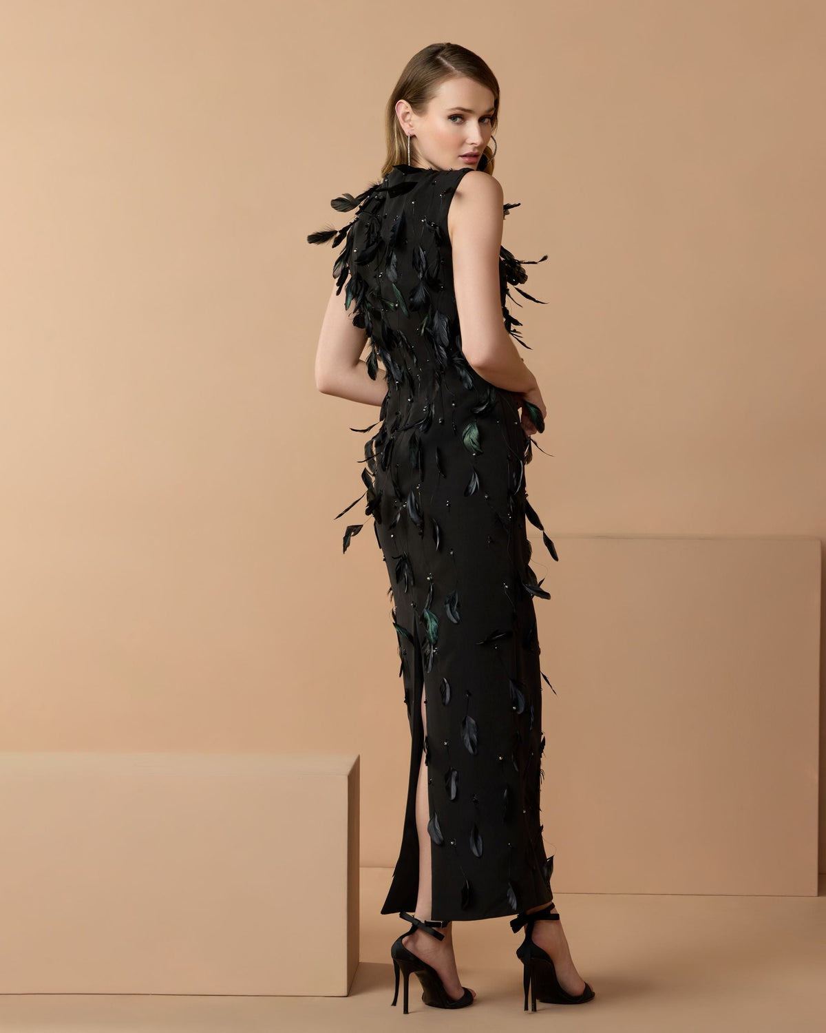 Mac Duggal Black High Neck Sleeveless Feather Embellished Dress