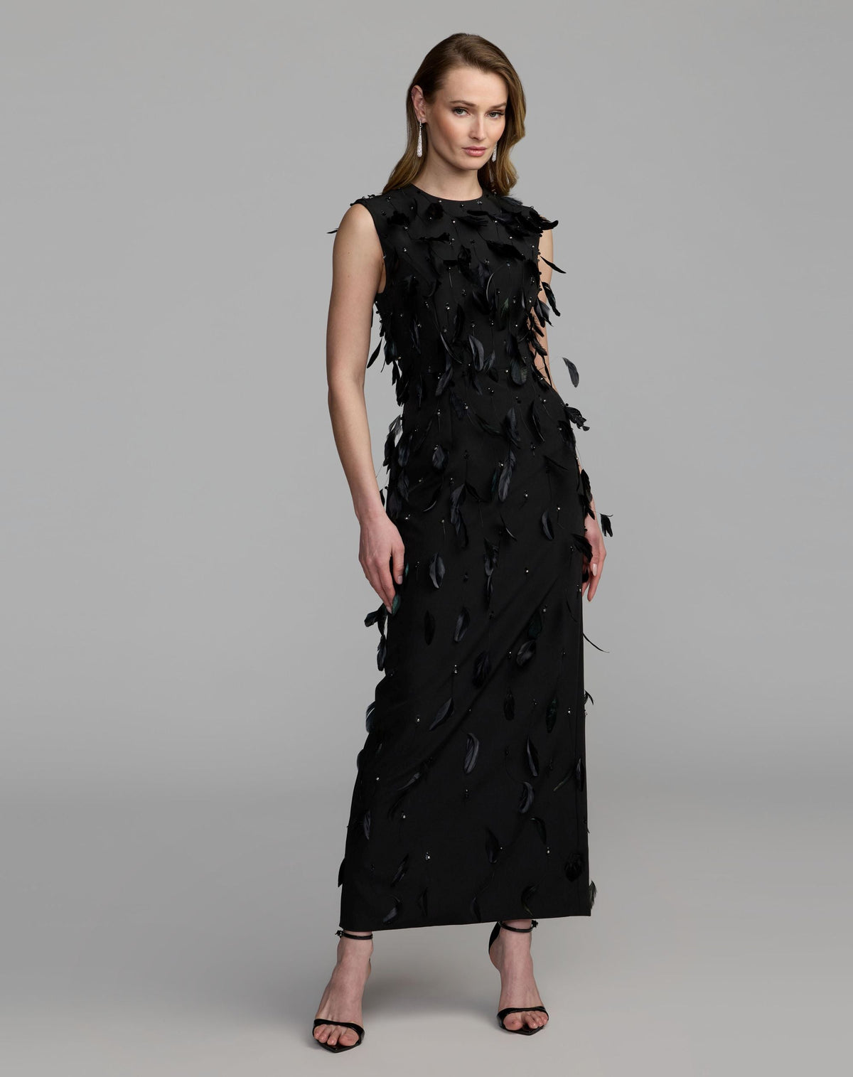 Mac Duggal Black High Neck Sleeveless Feather Embellished Dress