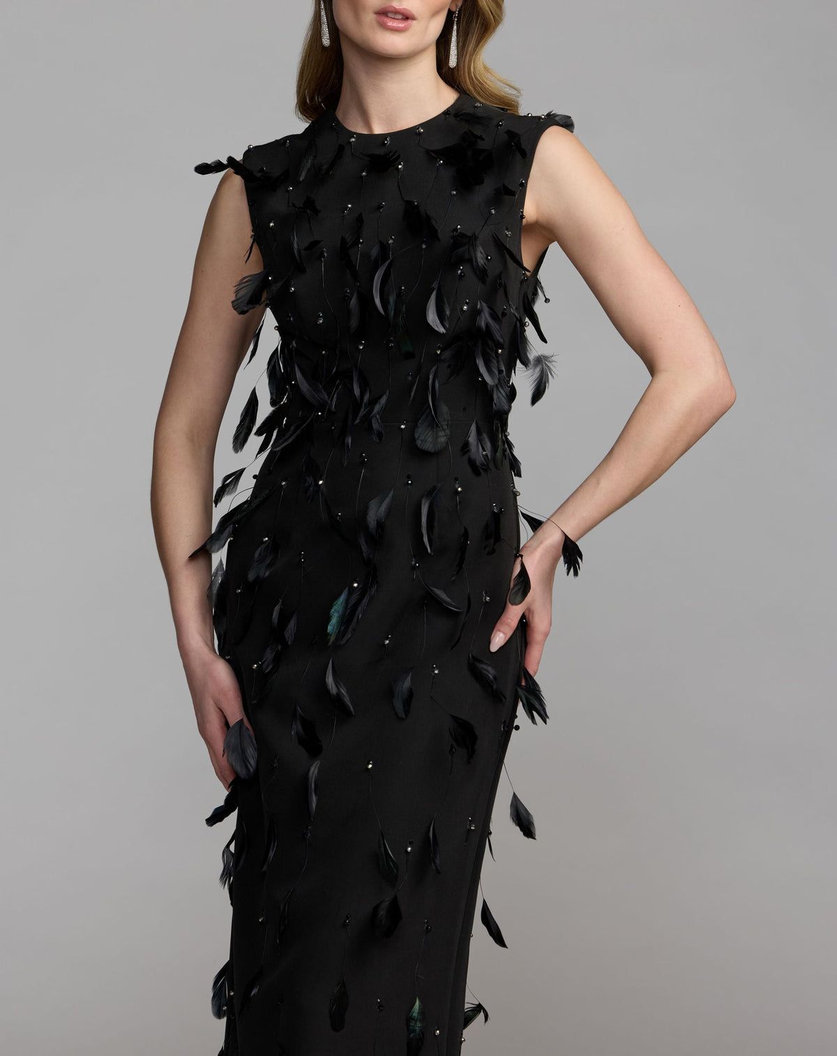 Mac Duggal Black High Neck Sleeveless Feather Embellished Dress
