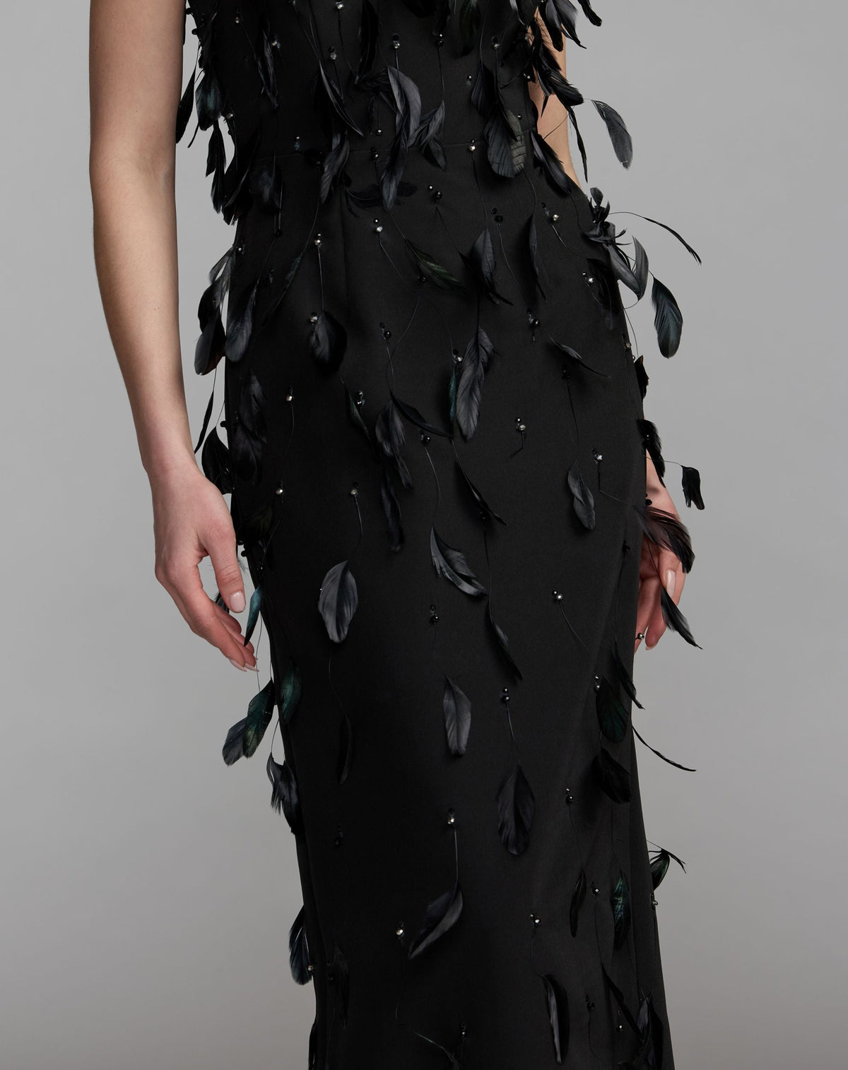 Mac Duggal Black High Neck Sleeveless Feather Embellished Dress