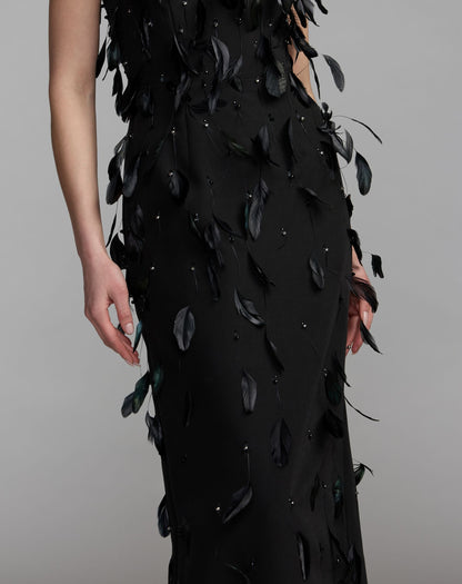 Mac Duggal Black High Neck Sleeveless Feather Embellished Dress