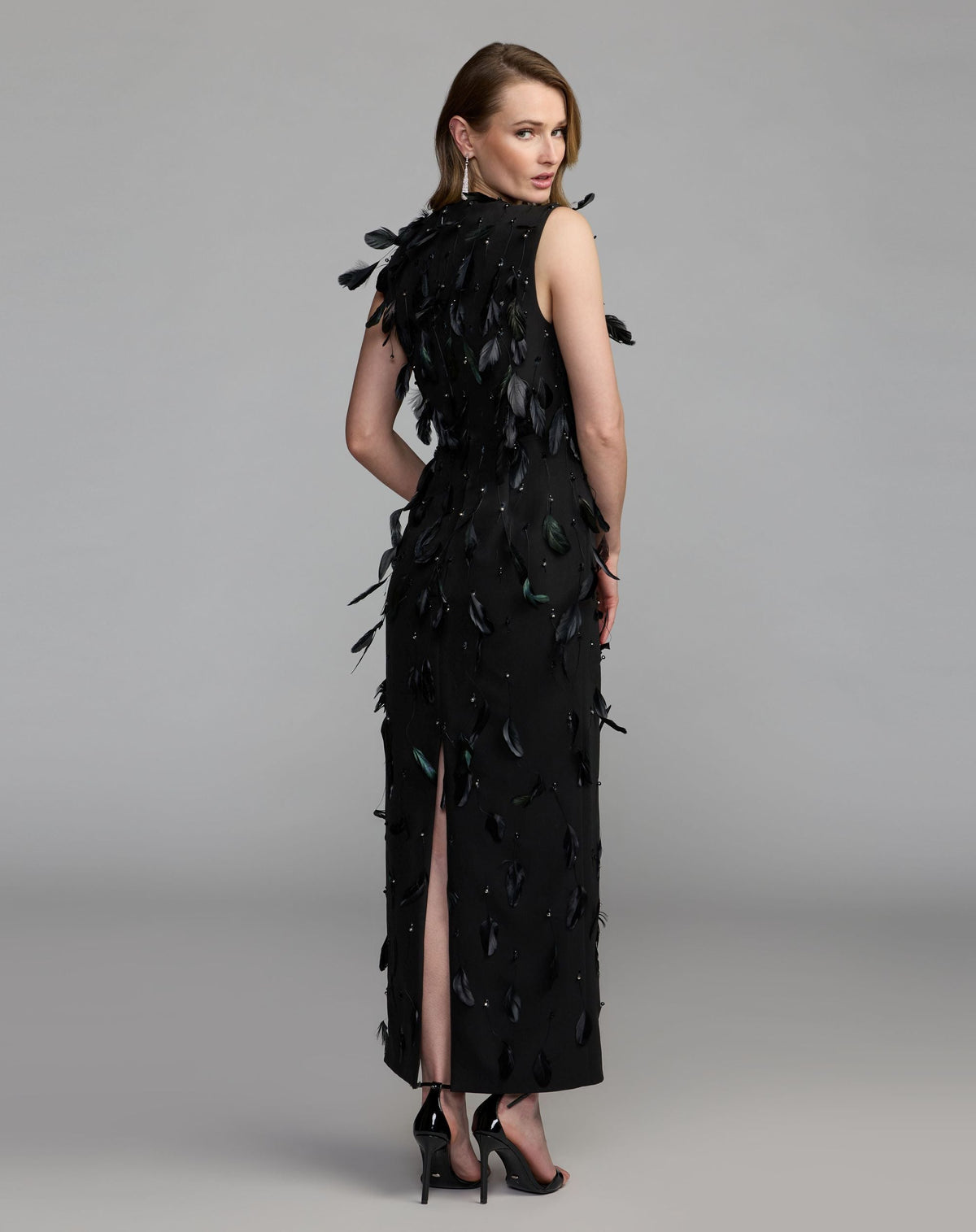 Mac Duggal Black High Neck Sleeveless Feather Embellished Dress