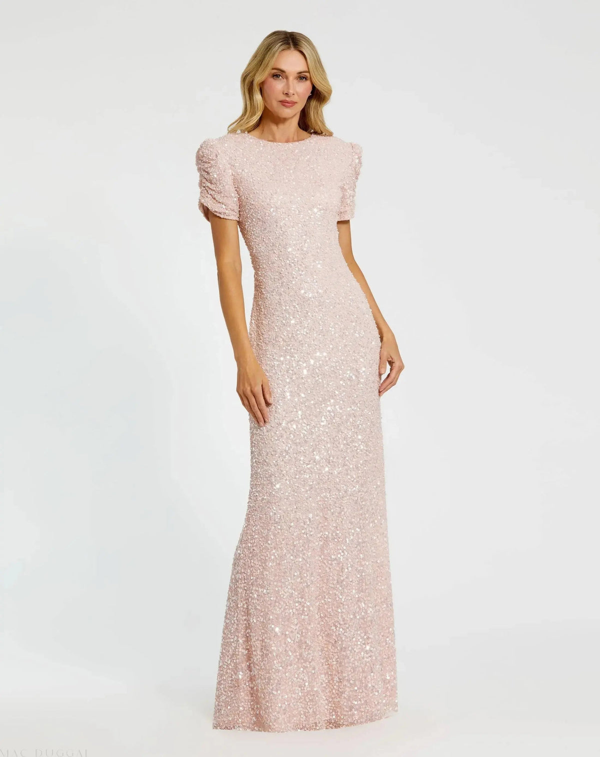 Mac Duggal Pink Gathered Short Sleeve Embellished Gown