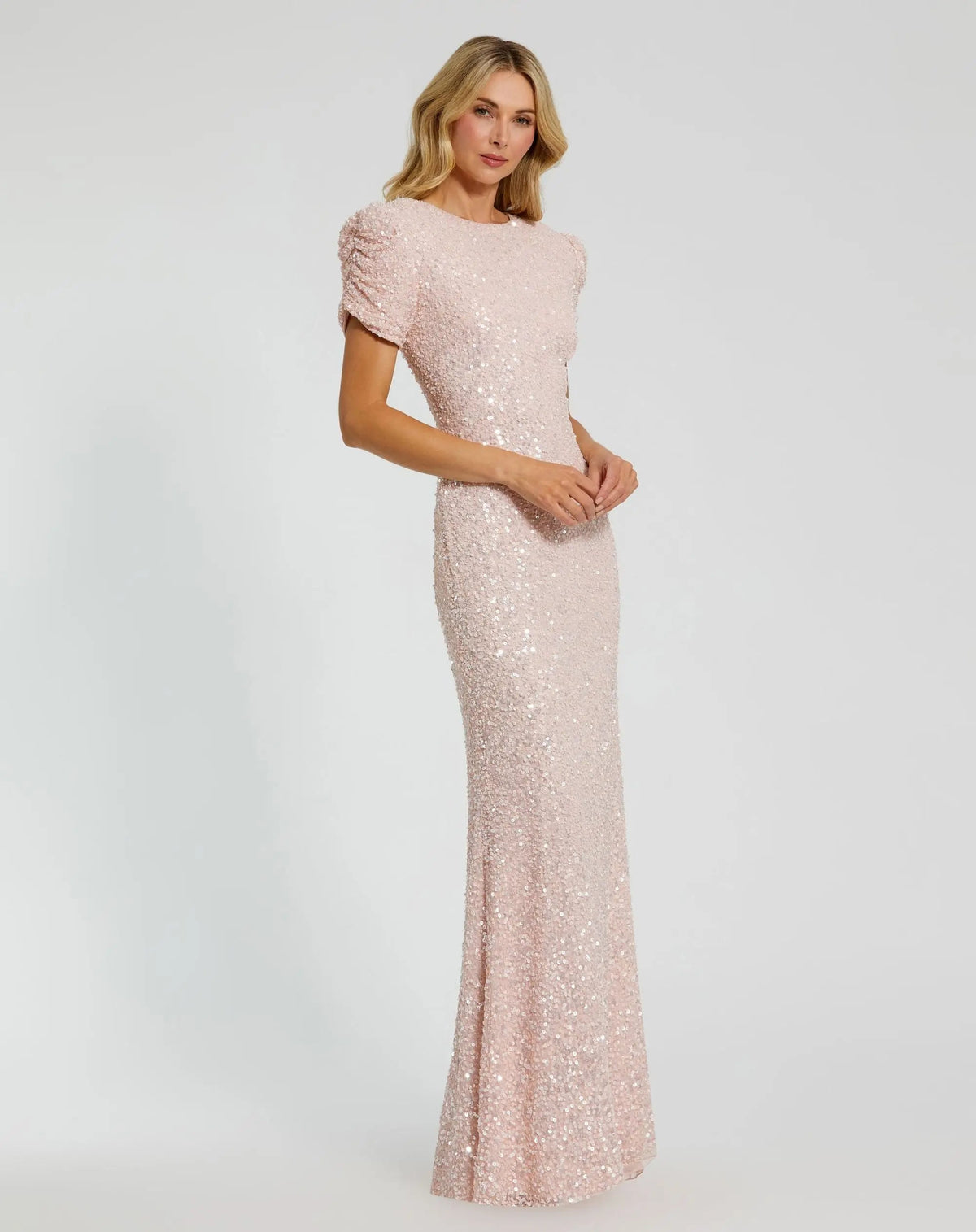 Mac Duggal Pink Gathered Short Sleeve Embellished Gown