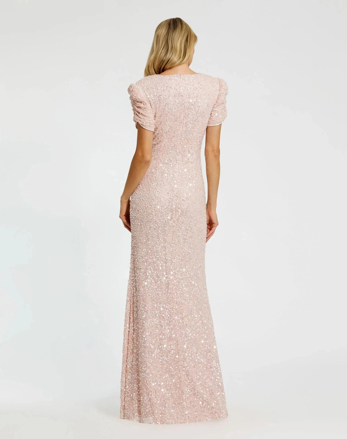 Mac Duggal Pink Gathered Short Sleeve Embellished Gown